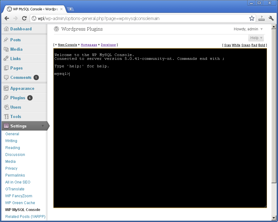 WP MySQL Console screen shot
