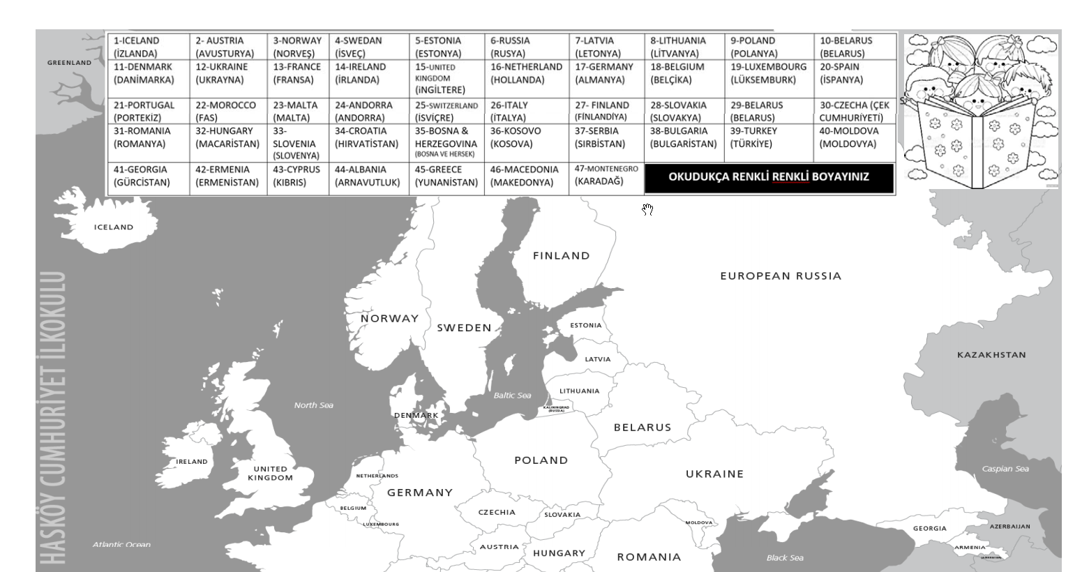 İlkokul Avrupa Ülkeleri Okuma Etkinliği Boyama Haritası